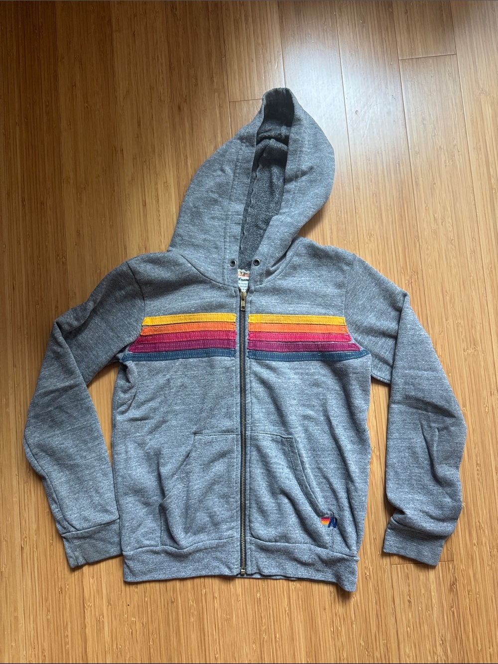 Aviator Nation Kids Grey Zip Hoodie with Rainbow Chest Stripes